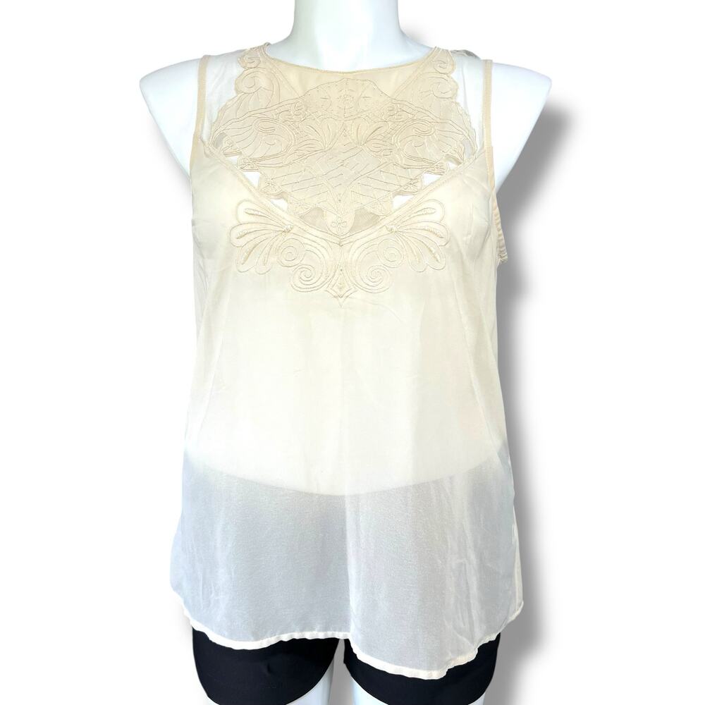 Kenar Womens Sheer Blouse Tank Top Embroidered Floral Design Button Down Beige